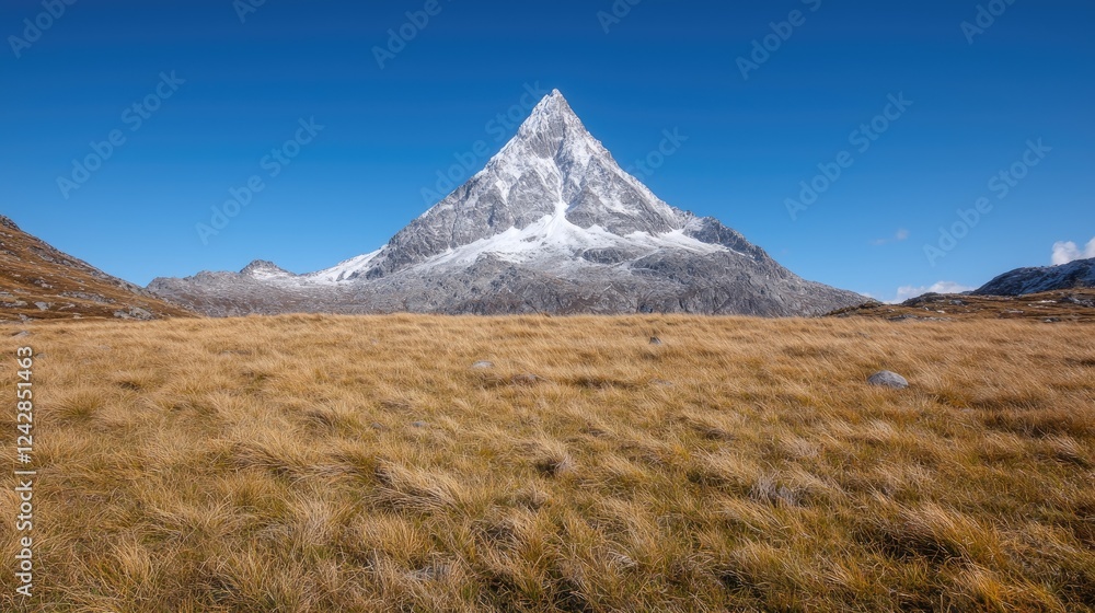 Fototapeta premium Majestic Matterhorn peak, autumnal alpine meadow, clear sky, Swiss Alps landscape, travel postcard