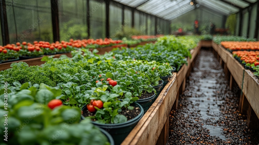 Lush greenhouse filled with vibrant plants, tomatoes, and greens thriving under soft lighting
