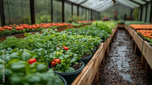 Obraz na płótnie Lush greenhouse filled with vibrant plants, tomatoes, and greens thriving under soft lighting w salonie