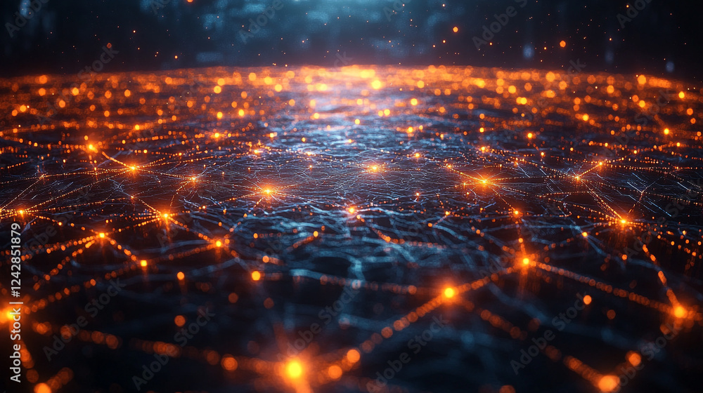 Fototapeta premium Abstract Digital Network Orange Glowing Nodes Connections Lines Technology Web Art Data Cyber Space 