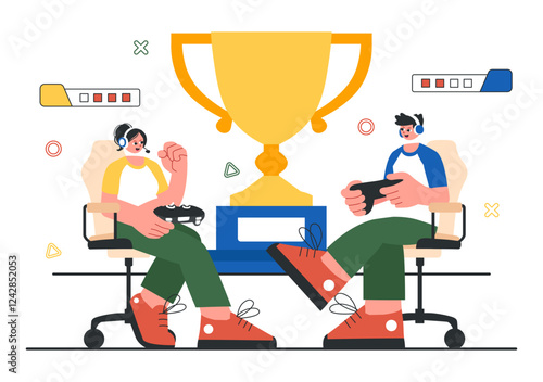 E-Sports Tournament Vector Illustration featuring Two Players Competing in an Online Game for a Cyber Sports Competition inside a Gaming Arena