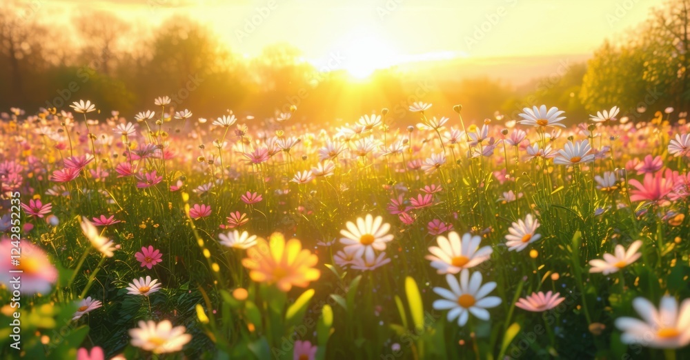 Obraz premium Golden sun casting warm light over a field of wildflowers, with soft purple, white, and yellow blossoms swaying gently in the breeze. The scene glows with warmth and serenity