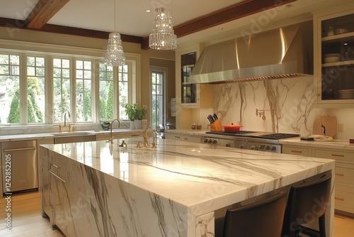 Fototapeta Naklejka Na Ścianę i Meble -  a luxurious chef's kitchen featuring waterfall marble countertops, brass fixtures, crystal pendant lighting, and professional-grade stainless appliances, bathed in warm natural light