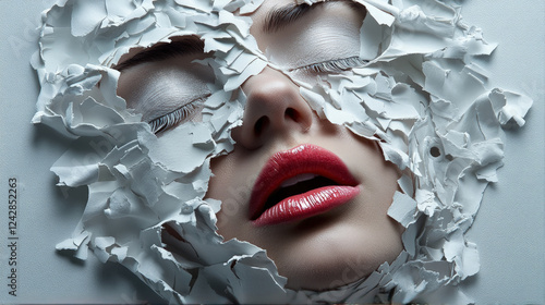 A surreal portrait of a woman with cracked white textures on her face, highlighting vivid red lips and expressive details photo