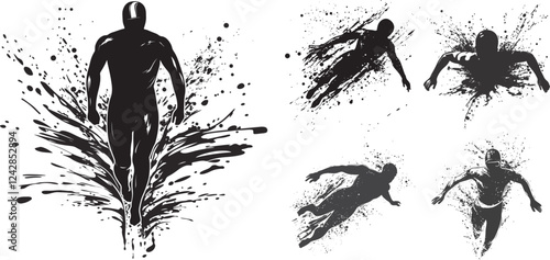 Swimming  silhouettes set, Dynamic black and white illustration of a swimmer diving gracefully into water, creating a splash.