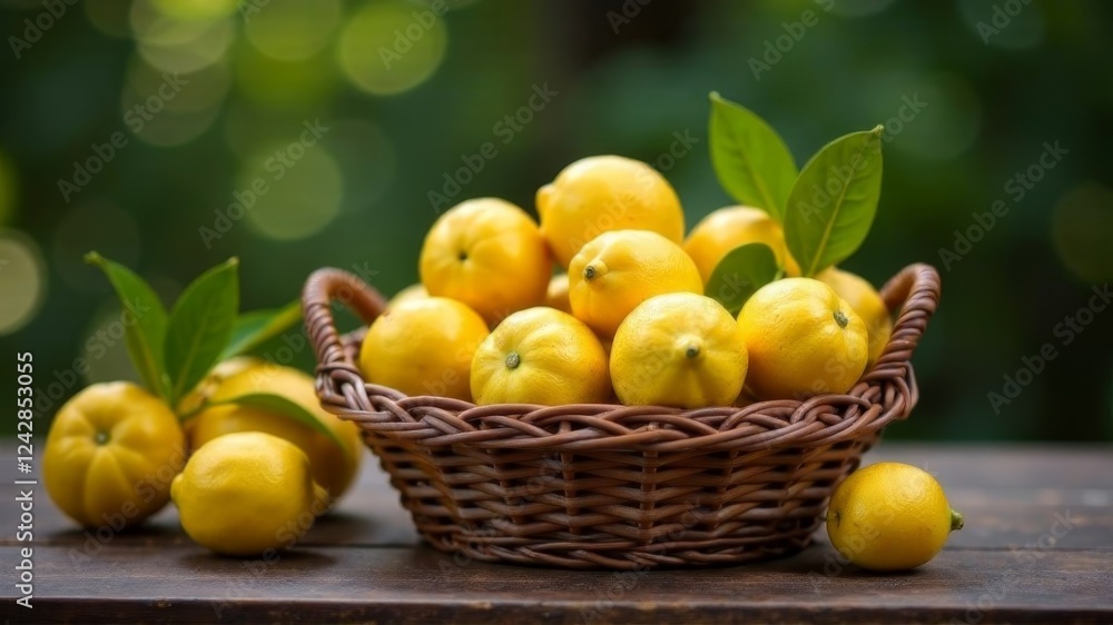 lemons in a wicker basket on a wooden table lemons in a wicker basket on a wooden table