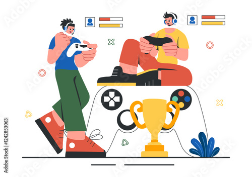 E-Sports Tournament Vector Illustration featuring Two Players Competing in an Online Game for a Cyber Sports Competition inside a Gaming Arena
