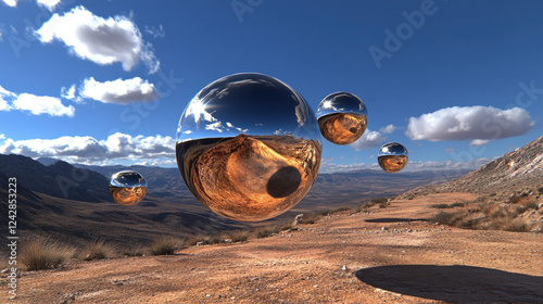 Surreal metallic spheres floating above desert landscapes, reflecting vast skies and arid terrain in a futuristic art scene photo