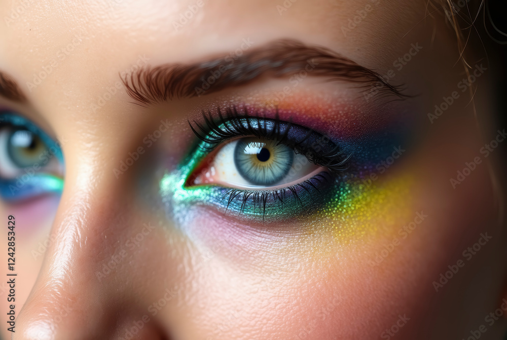 Obraz premium Close-up of a person's eye with colorful eye makeup