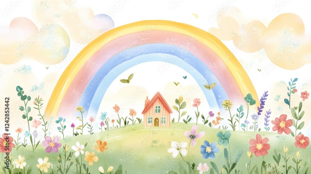 Colorful landscape with a house under a rainbow surrounded by vibrant flowers and a bright sky. Generative AI Colorful landscape with a house under a rainbow surrounded by vibrant flowers and a bright sky. Generative AI