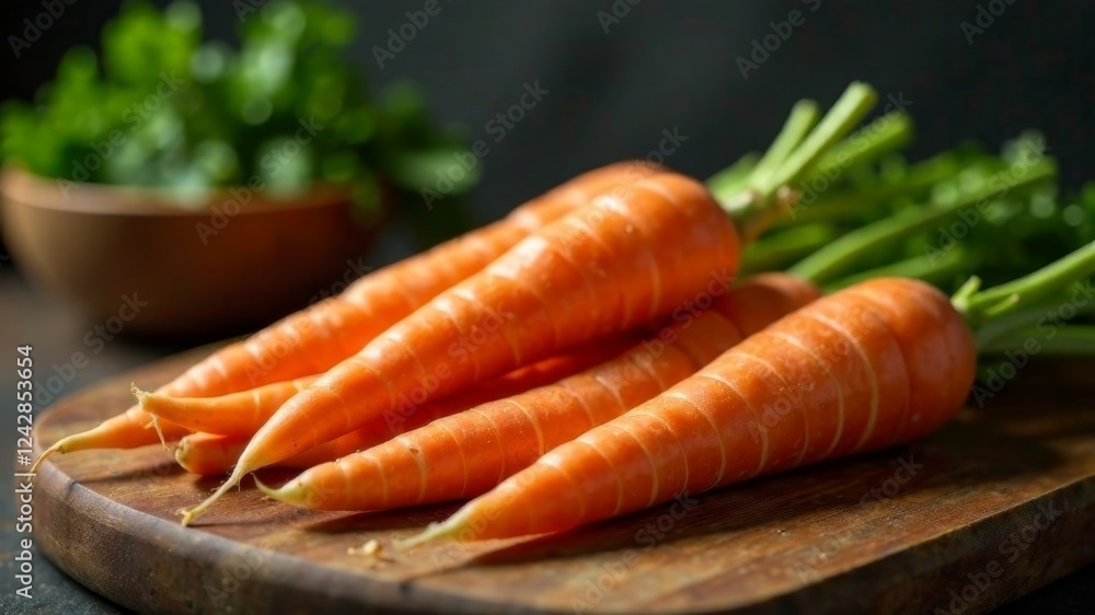 a lot of washed carrots lie on a wooden stand a lot of washed carrots lie on a wooden stand