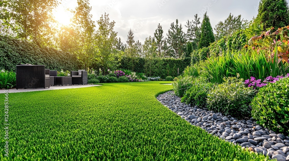 Fototapeta premium Serene Garden Landscape: Lush Green Lawn, Stone Path, and Relaxing Seating Area