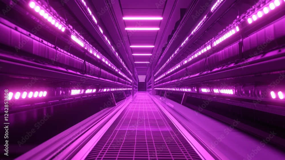 Fototapeta premium Pink-lit futuristic server room corridor; data center walkway, background rows of servers