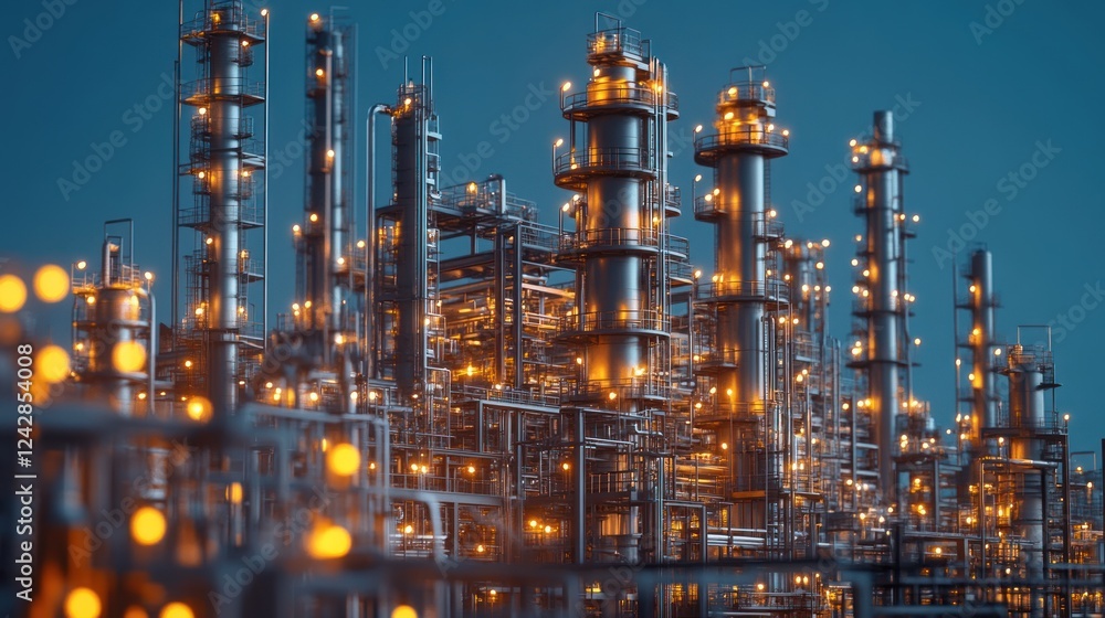 Illuminated Industrial Refinery Complex at Night Illuminated Industrial Refinery Complex at Night