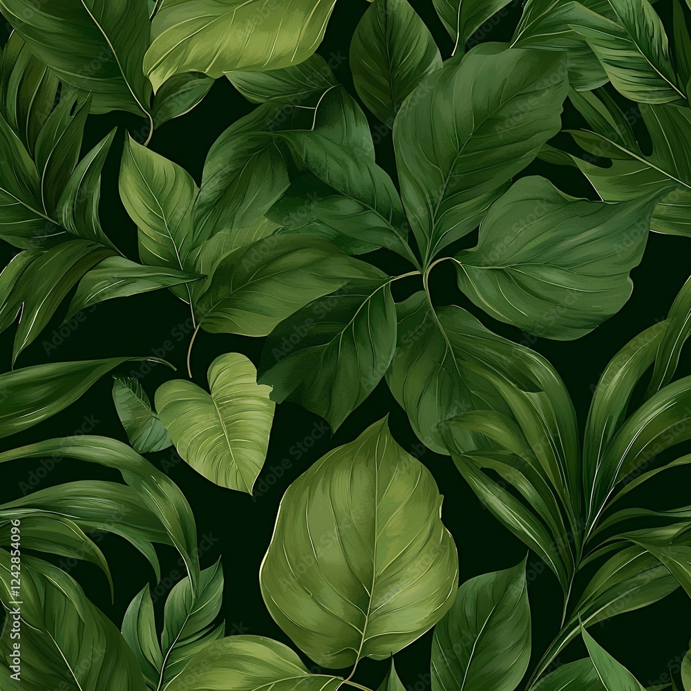 Fototapeta premium Lush Green Leaf Patterns on Dark Background for Nature Themes
