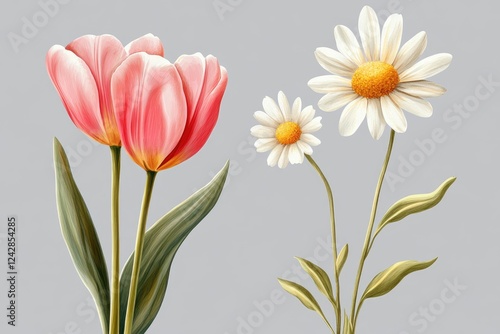 Wallpaper Mural Pink Tulips and White Daisies Floral Illustration Torontodigital.ca