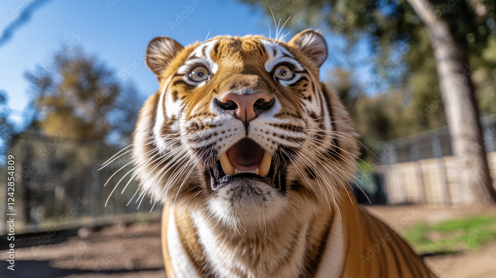 Obraz premium golden tiger with white stripes looks curious and playful in natural setting, surrounded by trees and clear blue sky. close up captures its expressive face and vibrant fur pattern