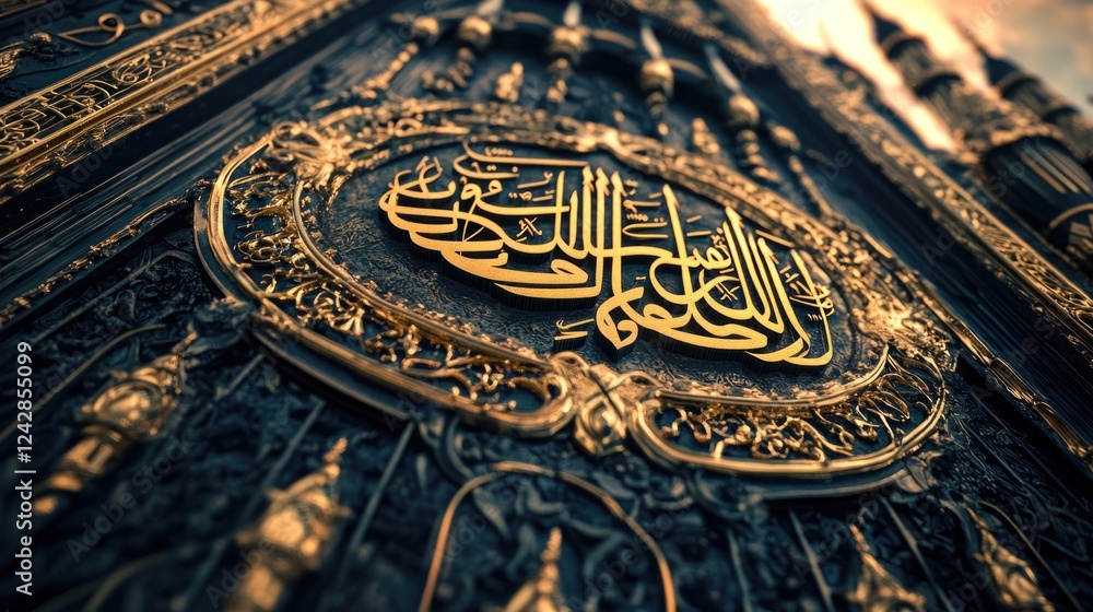 Intricate Gold Calligraphy on Dark Ornate Surface Intricate Gold Calligraphy on Dark Ornate Surface