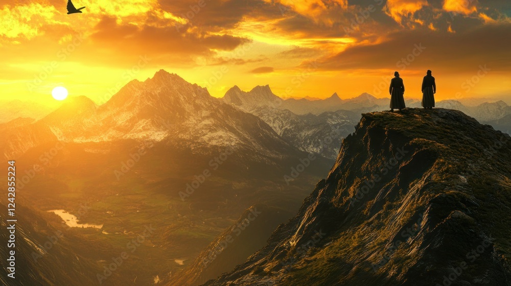 Two Figures Gaze Upon a Sunset Mountain Vista Two Figures Gaze Upon a Sunset Mountain Vista