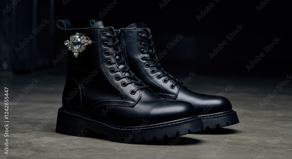 Black leather combat boots with jewel embellishment on dark concrete floor Black leather combat boots with jewel embellishment on dark concrete floor