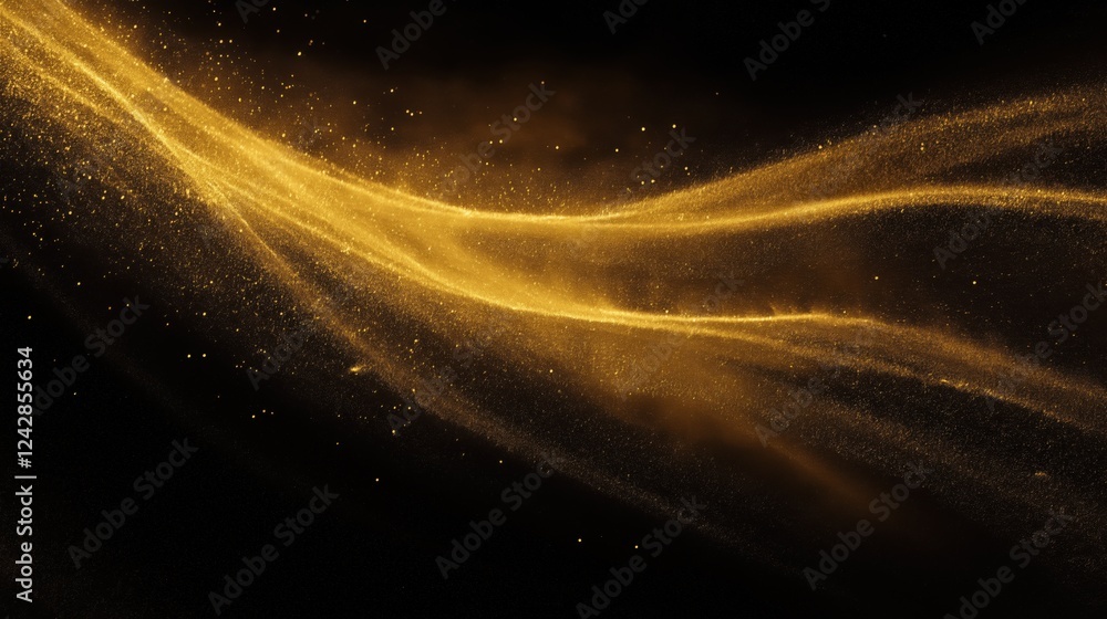 Fototapeta premium Abstract golden dust wave with glowing particles on dark background