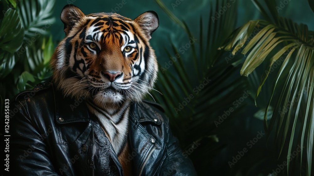 Portrait of a tiger with a human body wearing a leather jacket in a lush green environment. Generative AI Portrait of a tiger with a human body wearing a leather jacket in a lush green environment. Generative AI