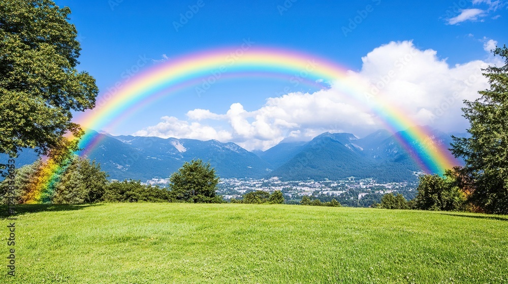 Naklejka premium Rainbow over mountain valley, green field, sunny day