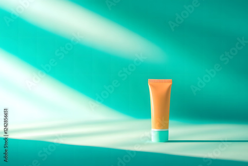 Baby-Friendly Sunscreen Tube on Pastel Teal Background Under Soft Sunbeam – Gentle Sun Protection for Infants with copy space. 