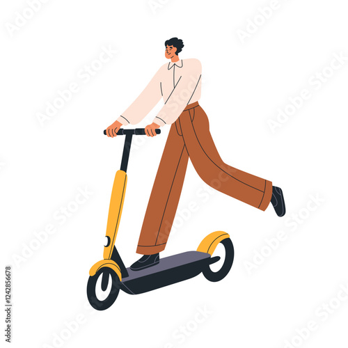 Man riding electric kick scooter. Happy carefree business person on modern ur...