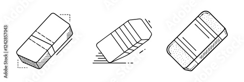 Line Art Illustration of Erasers in Motion-Black-and-white line art depicting three erasers in different positions, showcasing movement and design details in a minimalist style.  
