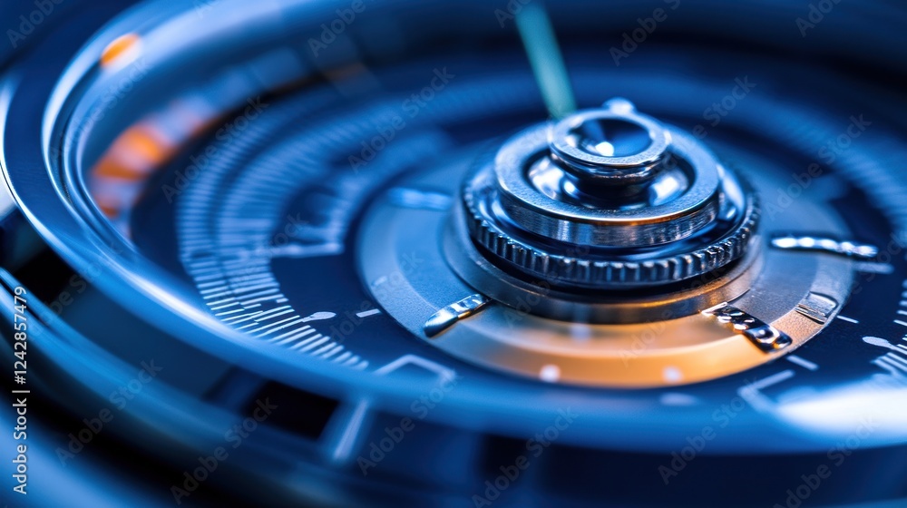 Close-up metallic gauge spinning, dark background, technology concept Close-up metallic gauge spinning, dark background, technology concept