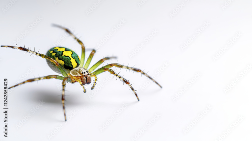 vibrant green and yellow spider with intricate patterns crawls gracefully on white surface, showcasing its unique features and natural beauty vibrant green and yellow spider with intricate patterns crawls gracefully on white surface, showcasing its unique features and natural beauty