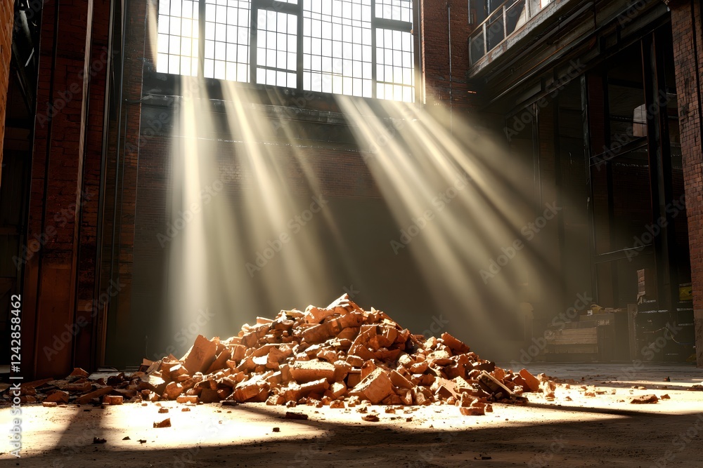 Obraz premium Sunbeams Illuminate Brick Rubble in Abandoned Factory Building