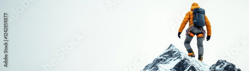 A mountain climber reaching the peak despite harsh weather, representing overcoming setbacks, cinematic lighting, isolated on white background