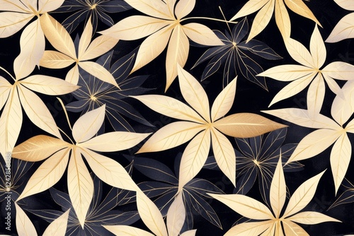 Stylized hemp leaf pattern showcases fine golden lines on a sleek dark backdrop, emphasizing minimalism photo