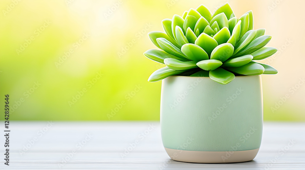 Green succulent in pot, bright background, home decor Green succulent in pot, bright background, home decor