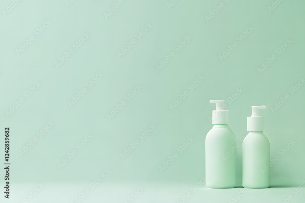 A muted pastel sage green background with eco-friendly baby skincare bottles. (shampoo, moisturizer bottles) with copy space . Organic baby skincare concept.
A muted pastel sage green background with eco-friendly baby skincare bottles. (shampoo, moisturizer bottles) with copy space . Organic baby skincare concept.