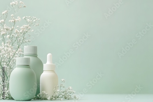 Elegant Skincare Product Arrangement with Minimalist Green and White Bottles, Baby's Breath Flowers, and a Soft Pastel Background with copy space. Organic beauty product concept.