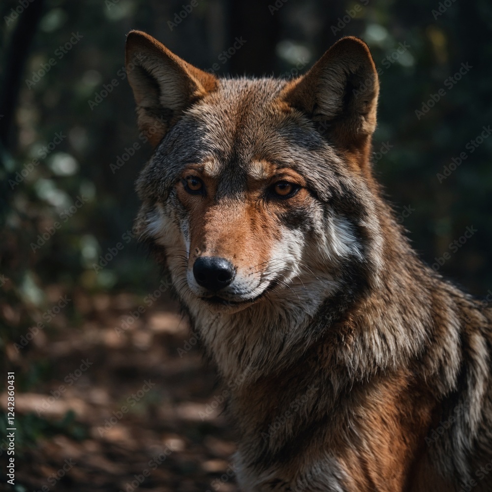 Fototapeta premium A red wolf with a mysterious expression, its fur detailed and rich.