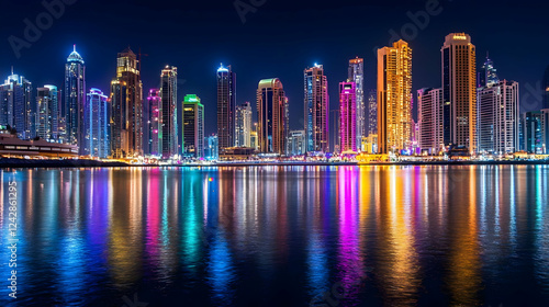 Wallpaper Mural Vibrant City Skyline Illuminated at Night with Reflection on Water Torontodigital.ca