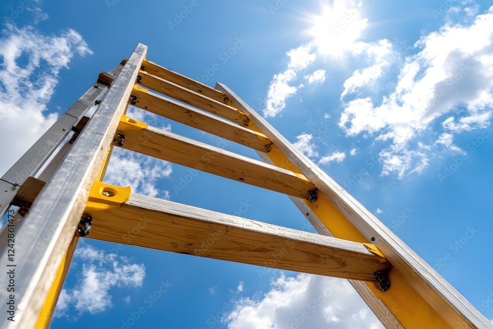 Wooden Ladder Reaching for Sunny Sky Construction Progress Upward Mobility Wooden Ladder Reaching for Sunny Sky Construction Progress Upward Mobility