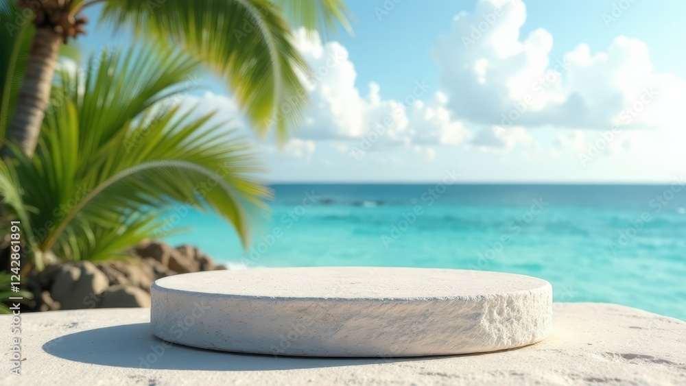 Product mockup photo with a podium, on a beach with white sand, blue sky, palm leaves around, starfish and seashells on the white sand, sea on the background Product mockup photo with a podium, on a beach with white sand, blue sky, palm leaves around, starfish and seashells on the white sand, sea on the background