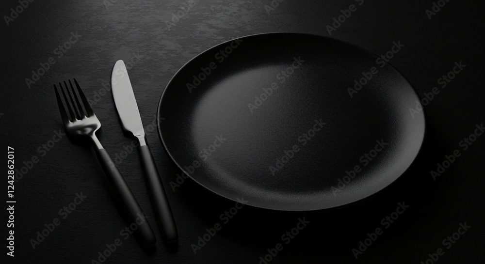 A minimalist black dining setup with a matte black plate, fork, and knife on a dark textured surface, creating a sleek and elegant monochromatic aesthetic. A minimalist black dining setup with a matte black plate, fork, and knife on a dark textured surface, creating a sleek and elegant monochromatic aesthetic.