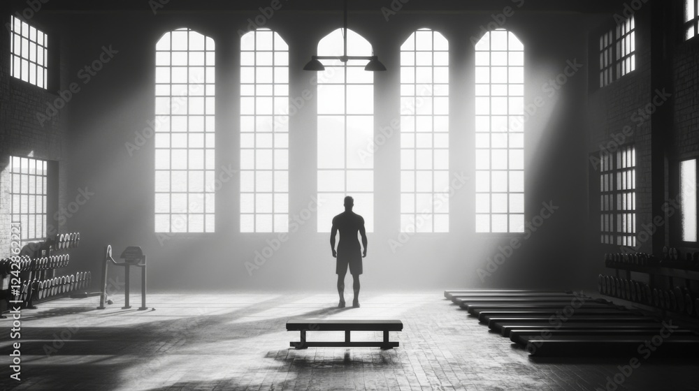 Man in a dimly lit gym, sunlight through windows Man in a dimly lit gym, sunlight through windows