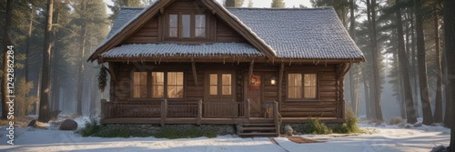 Wooden house with warm knitted scarf wrapped around it, forest, isolated, white background