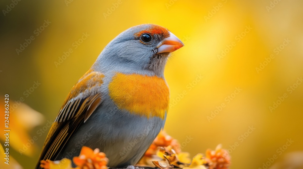 Colorful Finch Bird Perched on a Branch with Yellow Background Colorful Finch Bird Perched on a Branch with Yellow Background