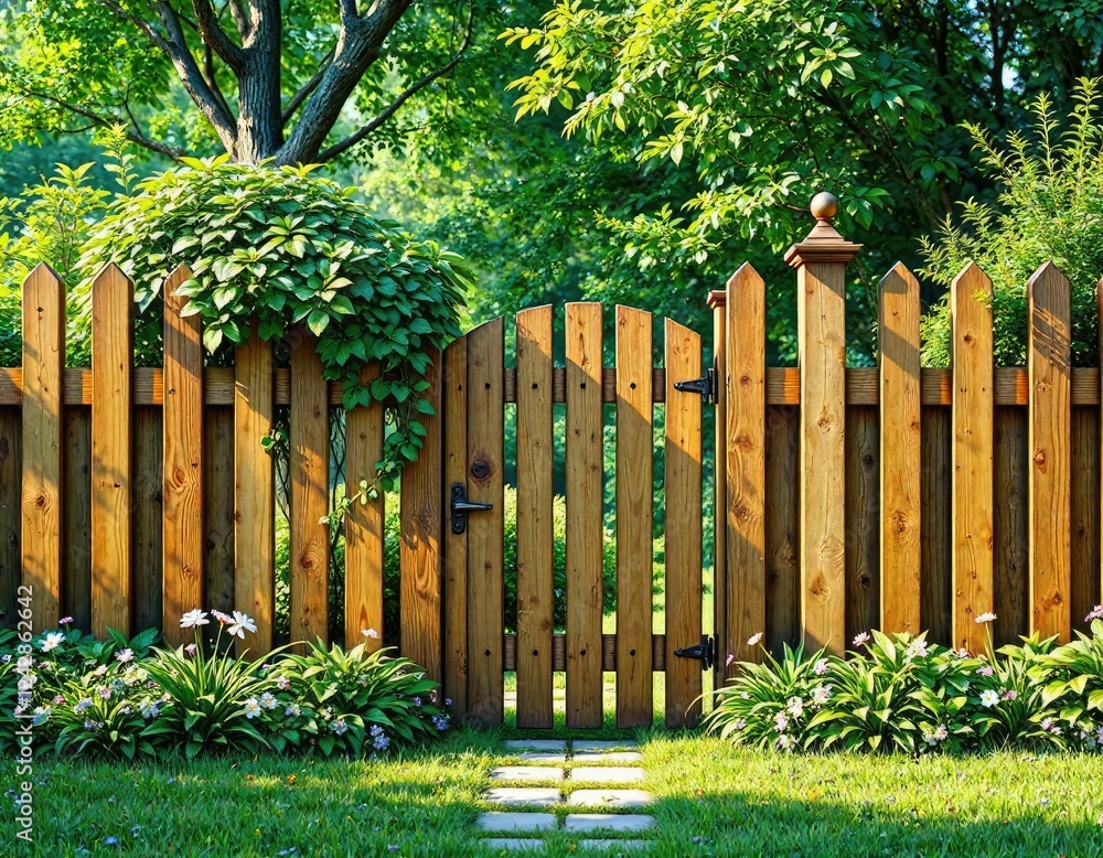 Wooden fence with a garden gate and lush greenery, garden, greenery Wooden fence with a garden gate and lush greenery, garden, greenery