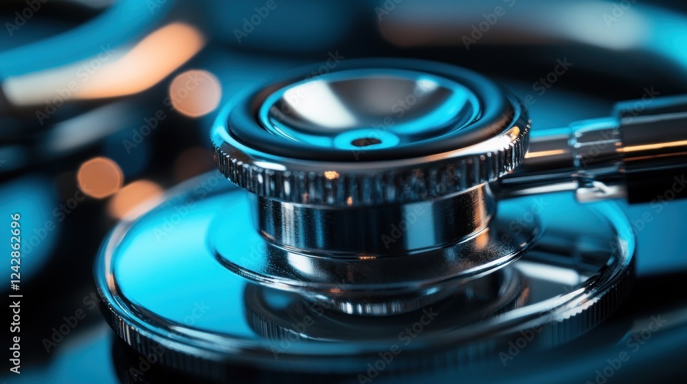 Close-up chrome stethoscope, medical exam, blue light, hospital background, healthcare Close-up chrome stethoscope, medical exam, blue light, hospital background, healthcare