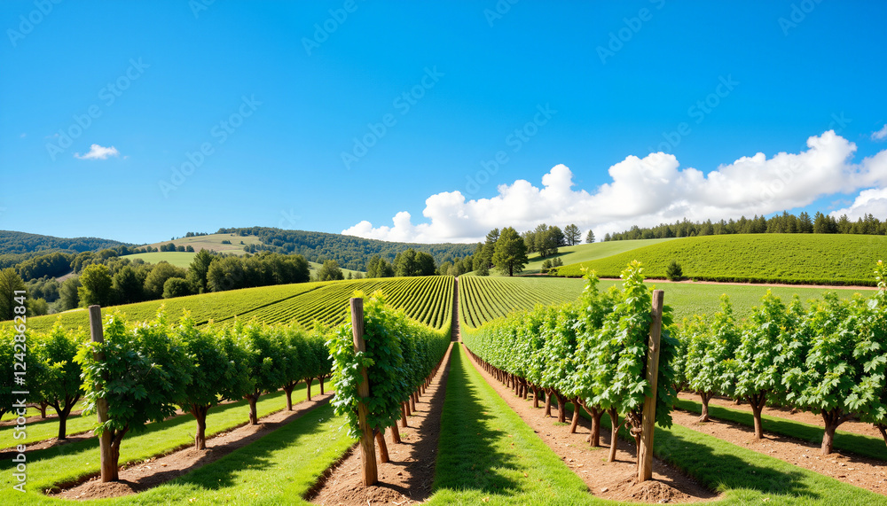 Lush vineyard under clear blue sky with vibrant grapevines, vineyard tour Lush vineyard under clear blue sky with vibrant grapevines, vineyard tour