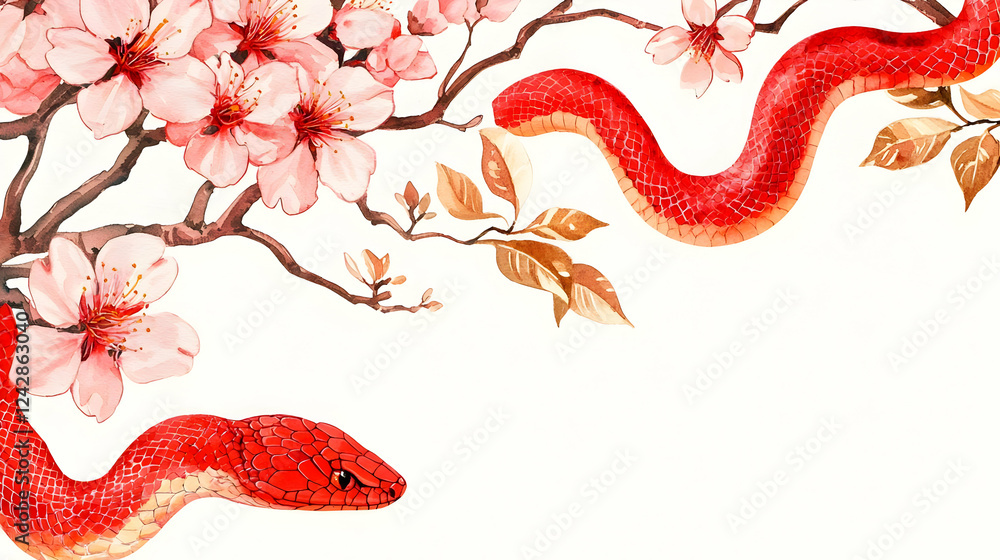Fototapeta premium Red Snake Slithering Among Cherry Blossom Branches in Spring